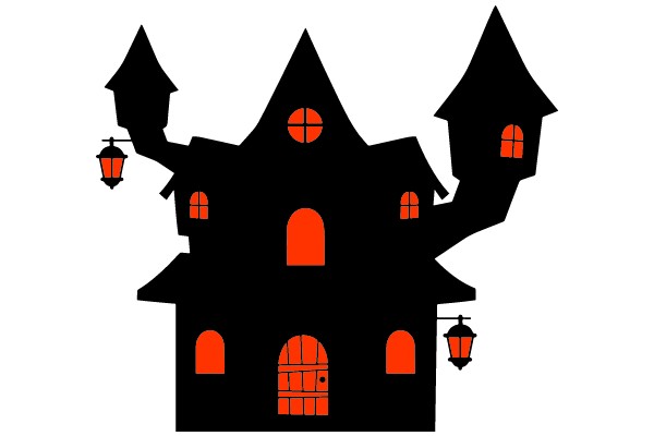 Gothic Silhouette House with Red Windows and Lanterns