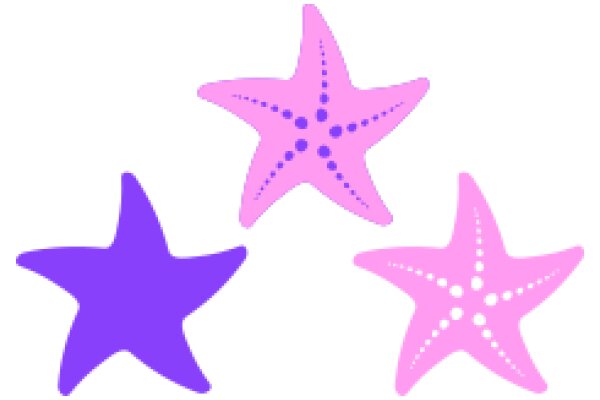 Three Pink Starfish with Purple Stars on a White Background