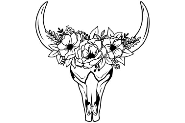 Stylized Bull Skull with Floral Crown and Horns