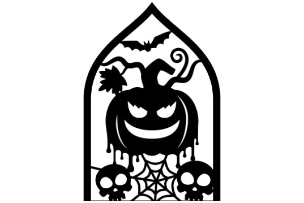 A Silhouette of a Halloween Scene with a Spooky Character, Bats, and Skulls