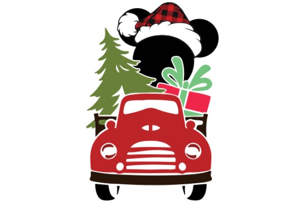 A Festive Christmas Scene with a Red Car, Mickey Mouse, and a Tree