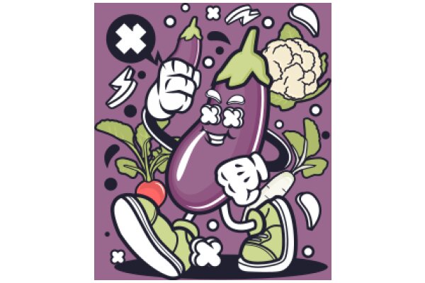 Vibrant Veggie Chaos: A Playful Illustration of a Purple Eggplant and Friends