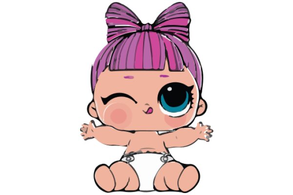 Adorable Cartoon Character with Purple Hair and Pink Bow