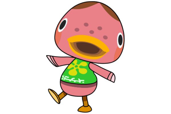 A Playful Pink Cartoon Character with a Yellow Beak and a Green Shirt