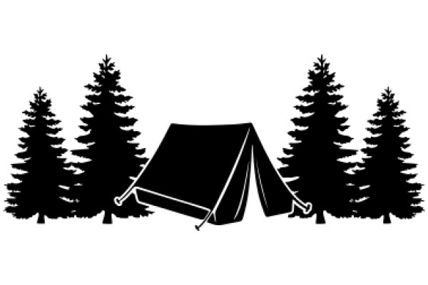 A Silhouette of a Camping Tent Surrounded by Tall Pine Trees