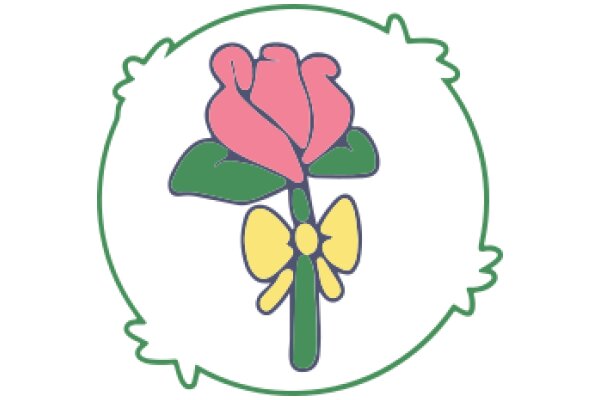 A Vibrant Pink Rose with a Yellow Bow, Enclosed in a Green Circle