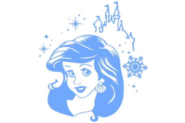 A Whimsical Illustration of a Blue-Haired Princess Surrounded by Stars and Snowflakes