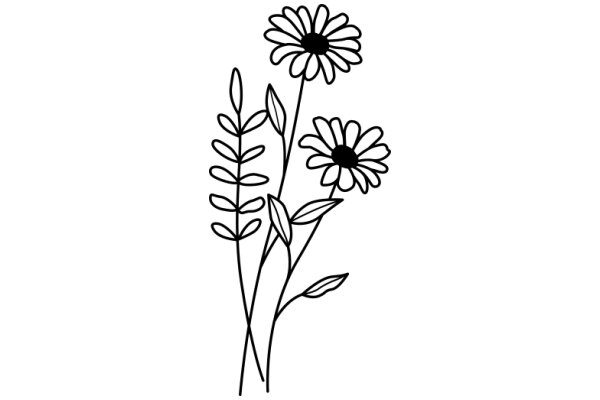 Simplicity in Nature: A Line Drawing of Daisies and Ferns