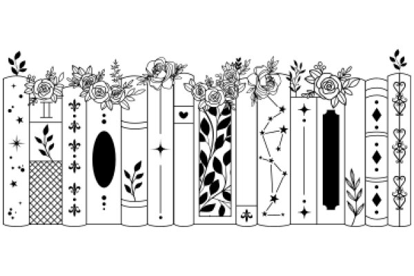 A Collection of Books with Floral Decorations and Symbols