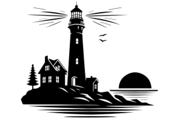 A Serene Seaside Scene: A Lighthouse, A House, and a Bird's Flight