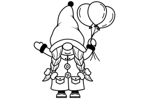 A Whimsical Illustration of a Gnome with Balloons and a Flower