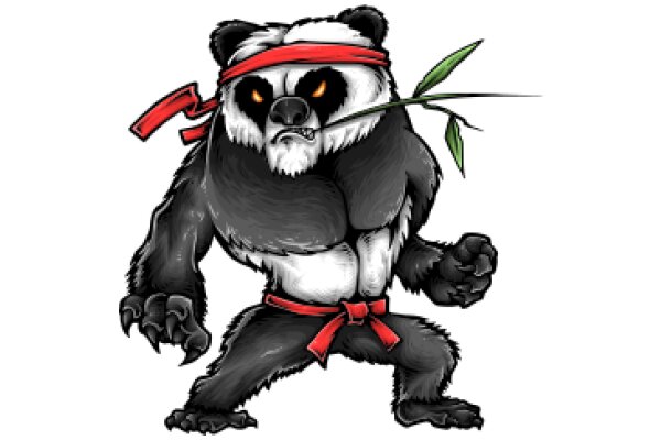 Panda with a Red Headband and a Branch of Leaves