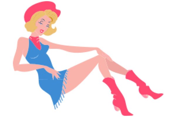 Stylish Illustration of a Woman in a Blue Dress and Pink Boots