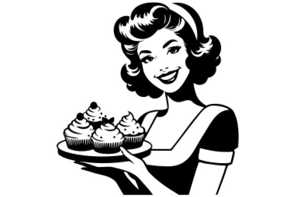 A Classic Illustration of a Smiling Woman Holding Cupcakes