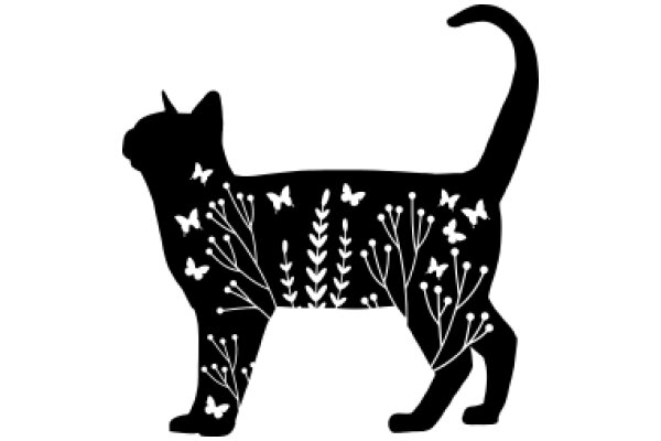 Silhouette of a Cat with Butterflies and Plants