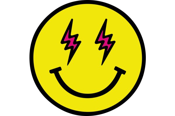 Emoticon Smiley Face with Pink and Purple Lightning Bolts