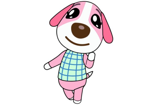 Adorable Pink and White Dog Character with a Blue Checkered Vest