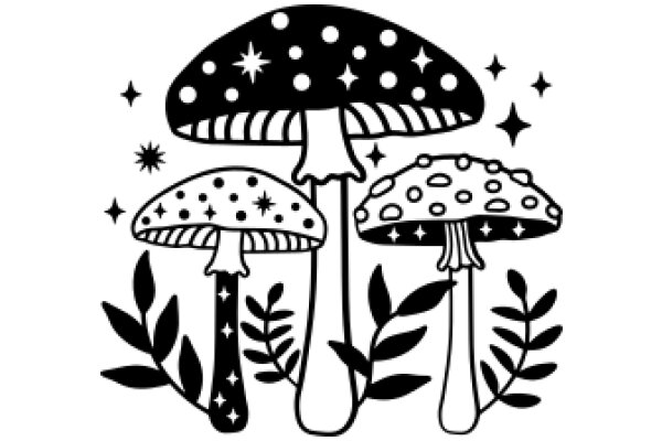 Whimsical Mushroom Illustration with Stars and Leaves