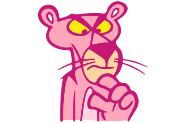 A Pink Cartoon Cat with a Yellow Eye and a Pink Nose