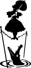 Silhouette of a Whimsical Scene: A Lady with an Umbrella and a Crocodile