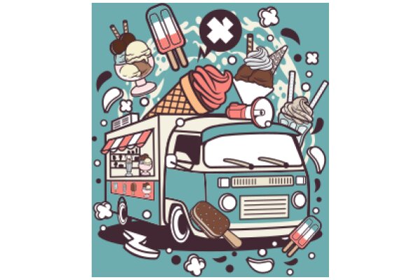 A Delightful Ice Cream Adventure: A Colorful Illustration of a Truck Loaded with Ice Cream Treats and Sweet Surprises