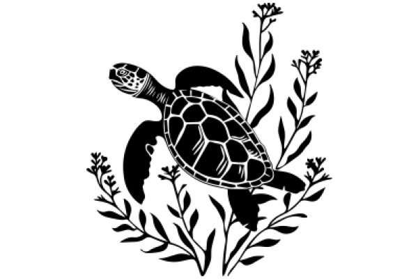 A Silhouette of a Turtle Amidst Floral Branches