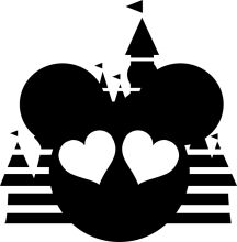 Silhouette of Mickey Mouse and a Castle with Two Hearts