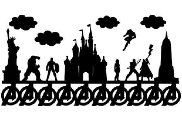 A Silhouette of a Cityscape with Iconic Landmarks and Silhouetted Figures