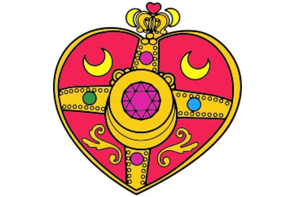 Vividly Detailed Illustration of a Heart-Shaped Emblem with a Crown, Moon, and Star