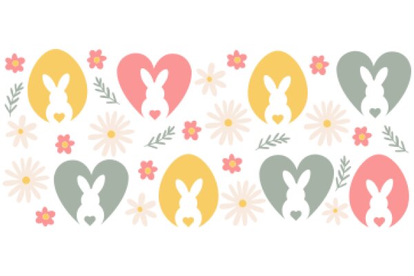 Springtime Floral Pattern with Bunny Silhouettes and Hearts