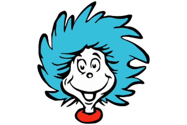 Whimsical Cartoon Character with Blue Hair and Red Mouth