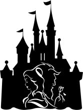 Silhouette of a Castle and Two People, with Flags and a Rose