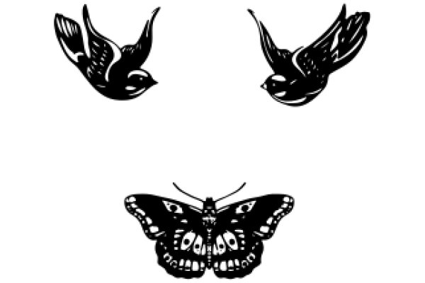 Stylized Black Butterfly and Bird Silhouettes on White Background