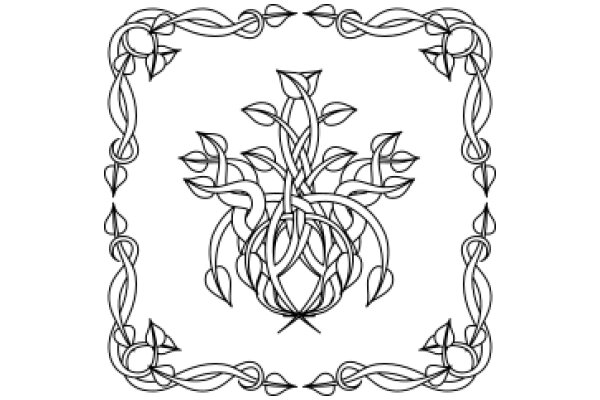 Stylized Floral Design with Intricate Linework and Ornamental Border