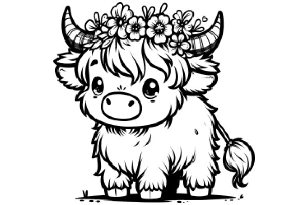 Whimsical Illustration of a Cute, Horned Animal with a Flower Crown