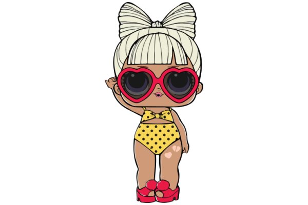 Stylish Cartoon Character in a Yellow Swimsuit and Red Heart-Shaped Sunglasses