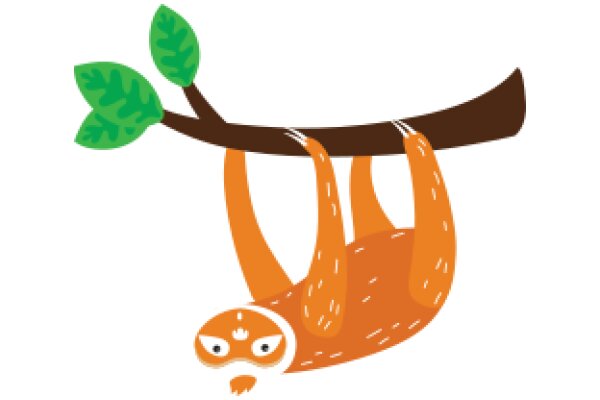 An Orange Sloth with a Green Branch, Hanging from a Brown Branch