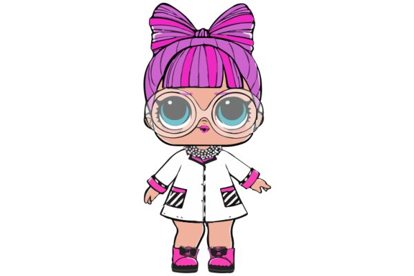 Stylish Cartoon Character with Pink Hair and Purple Bow