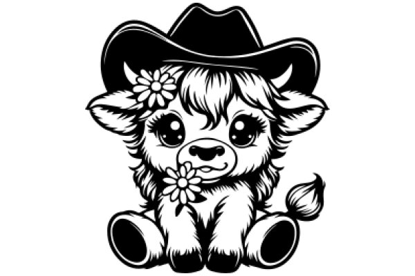 Cute Cow Character with Flower and Cowboy Hat