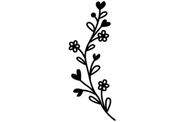 Elegant Black Line Drawing of a Flower Stem with Leaves and Flowers