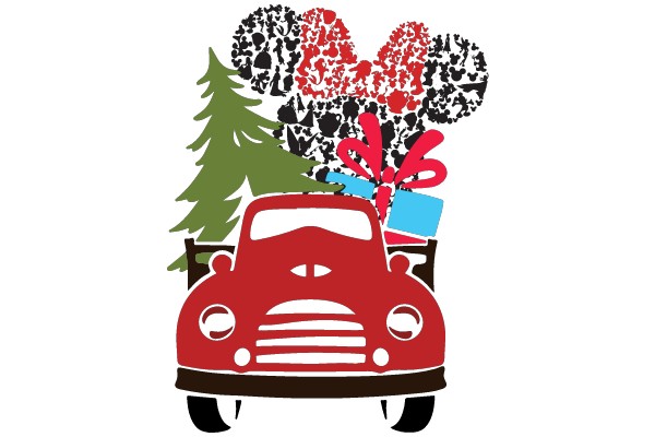 A Festive Christmas Scene with a Red Car and a Tree