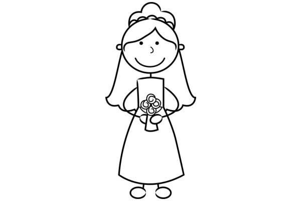 A Simple Line Drawing of a Smiling Girl Holding a Bouquet of Flowers