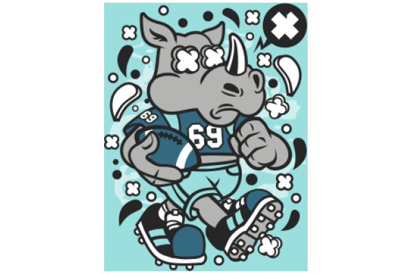 Whimsical Illustration of a Rhino-Human Hybrid with Football Gear, Surrounded by Playful Elements