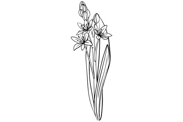 A Line Drawing of a Flower Stem with Leaves and Flowers