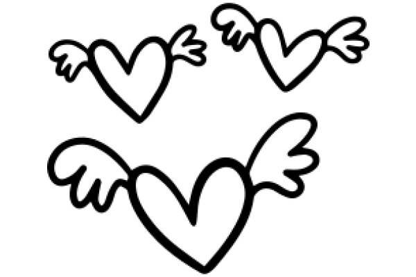 Simplistic Line Drawing of Three Heart Symbols with Wings