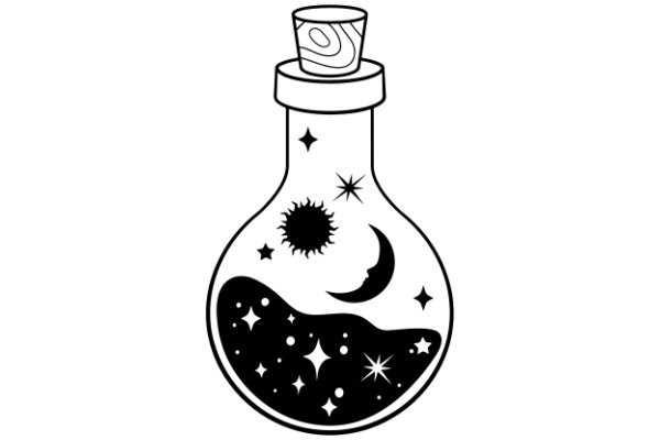 A Whimsical Illustration of a Yin-Yang Flask with Cosmic Elements