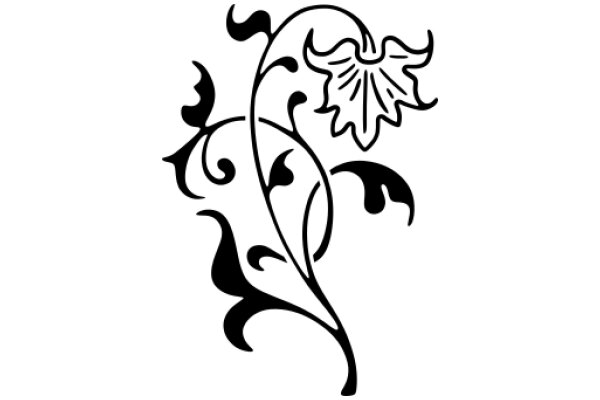 Stylized Artwork of a Flower with Swirling Leaves and Stem