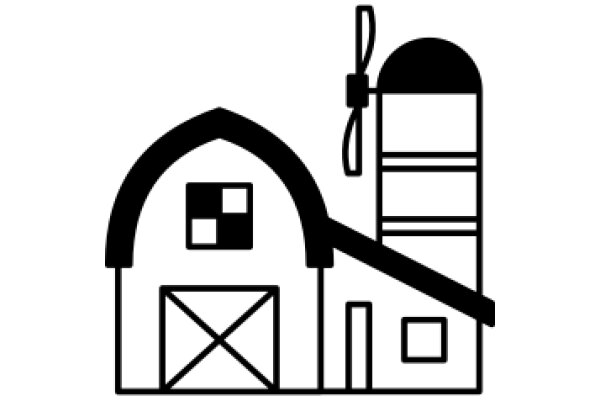 A Simple Line Drawing of a Barn and a Windmill