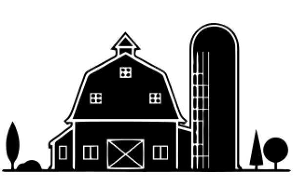 A Silhouette of a Farmhouse and Barn with a Tree and a Silo