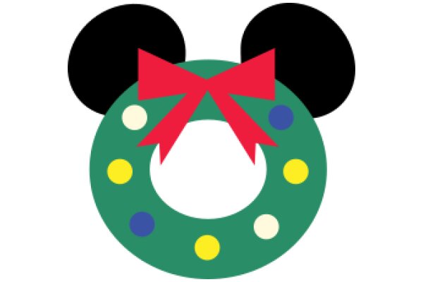 A Festive Mickey Mouse Wreath with a Red Bow and Yellow Balls